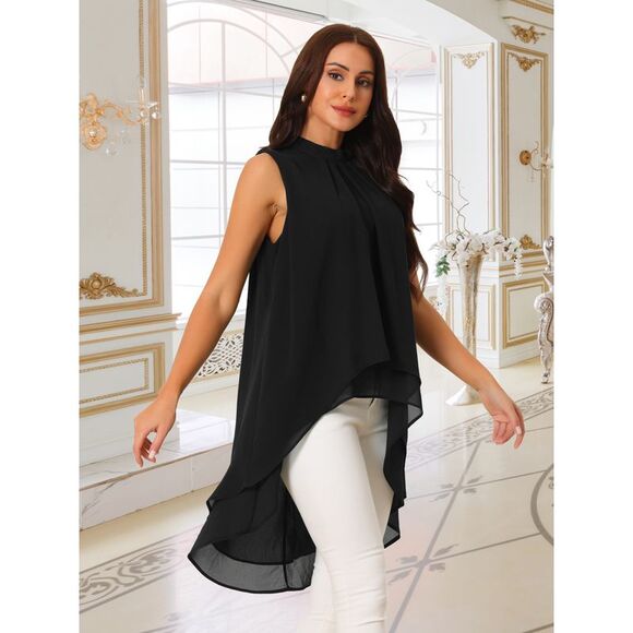 Casual Tie Back Asymmetrical Sleeveless Mock Neck Flowy Blouse Tops Black - Picture 3 of 6